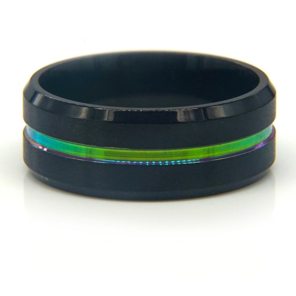 Black men's ring with neon multi colors.